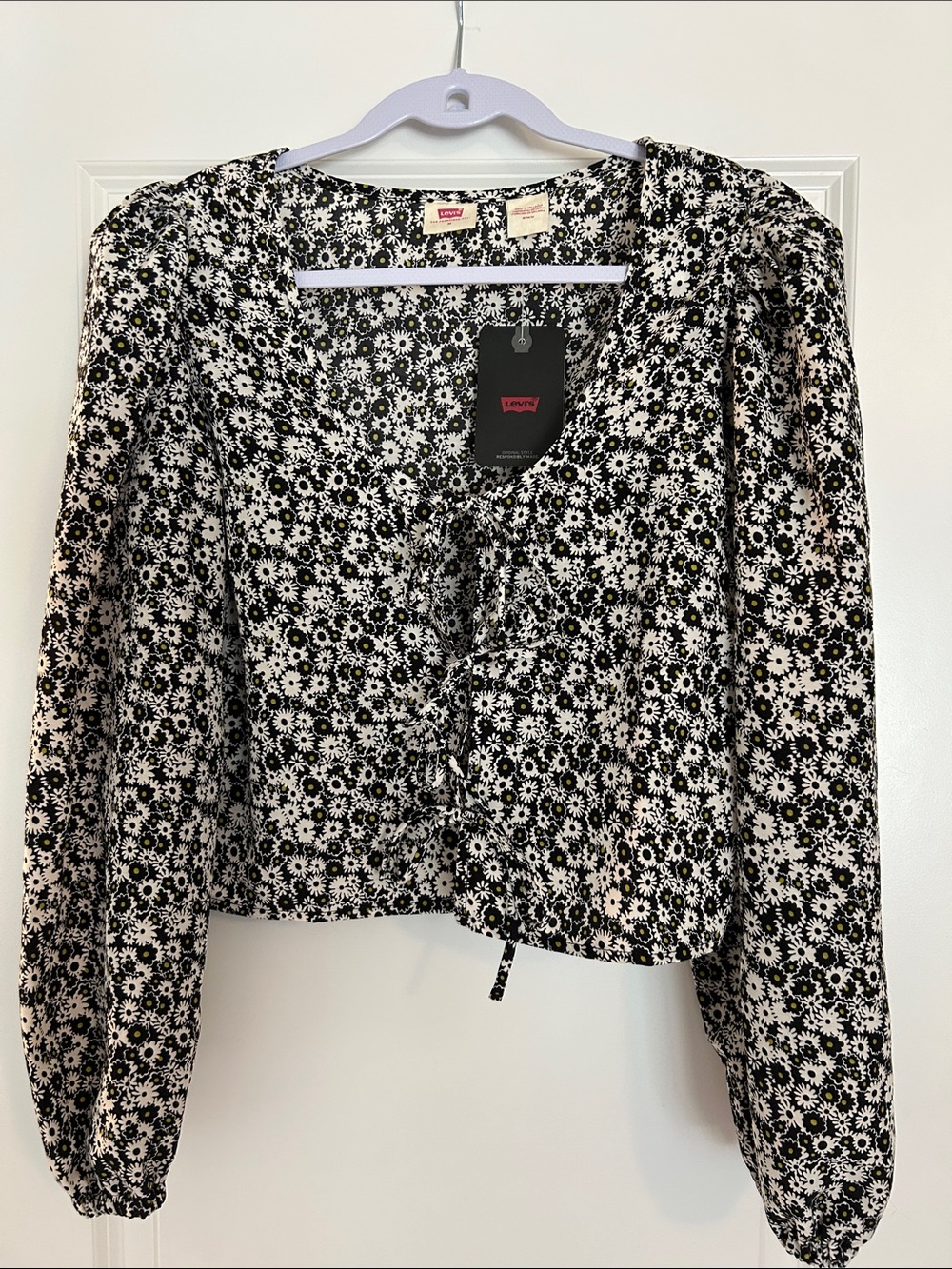 Levi's Black & White Daisy Tie-Front Blouse with Subtle Yellow Centers
